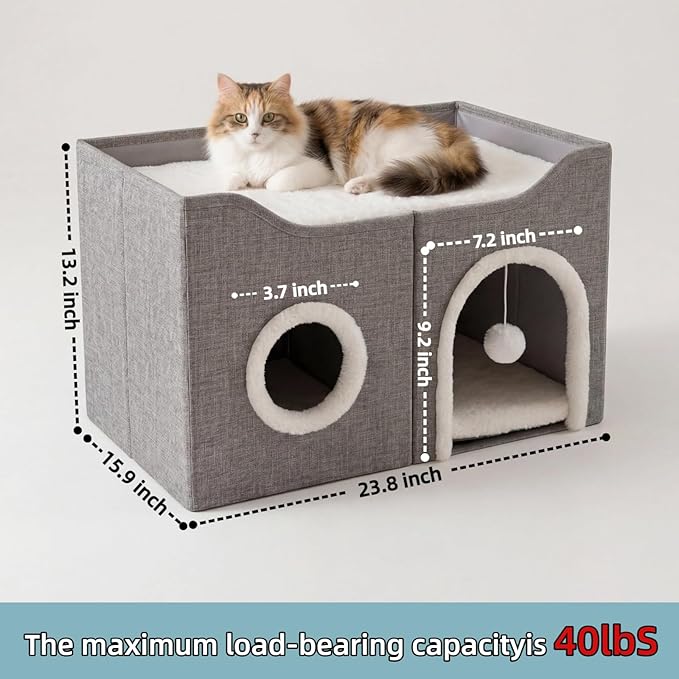 Eolahalcy Cat Beds for Indoor Cats - Large Cat Cave for Pet Cat House with Fluffy Ball Hanging and Scratch Pad, Foldable Cat Hideaway, 23.8x15.9x13.2 inches, Grey