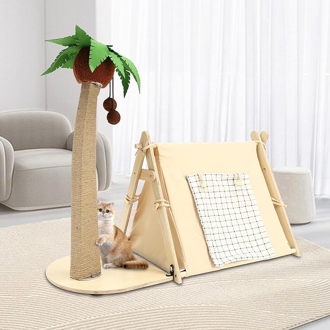 Cat Tree with Tent, 2-in-1 Cat Bed & Scratching Post, 29.5in Jute Coconut Tree with Hanging Toys, Large Cat Cave Bed 21.6x16.9in, Double-Sided Pad, Roll-up Curtain