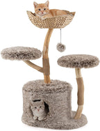 PETSITE 41.5 Inch Wood Cat Tree, Multi-Level Real Pear Wood Modern Cat Tower with Jute Scratching Posts, Dangling Ball, Cozy Top Cattail Perch, 2 Jumping Platforms, Cat Condo, Soft Long Plush Covered