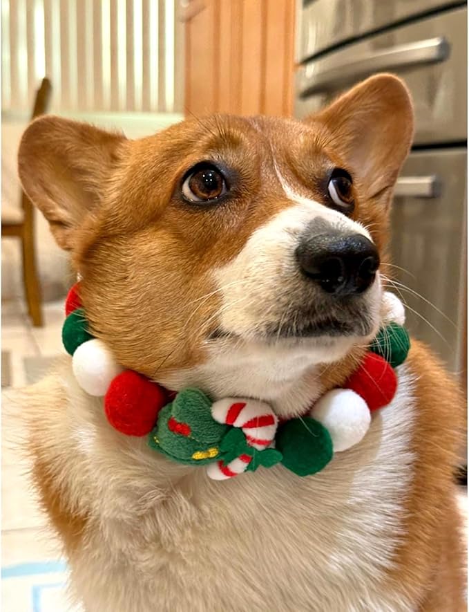 Elegant little tail Dog Christmas Costume 1PC Red Christmas Collar Soft Funny Pet Collars Headgear Adjustable Pom-Pom Headdress Cute Collar for Medium Dog Pet Party Accessories Costume