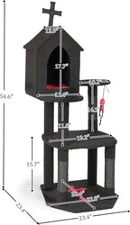 Gothic Halloween Cat Tree Tower, 3-Level Cat Furniture with Coffin Bed & Cross Top, Scratching Posts for Indoor Cats, Black Red Large Cat Tree for Multiple Cats