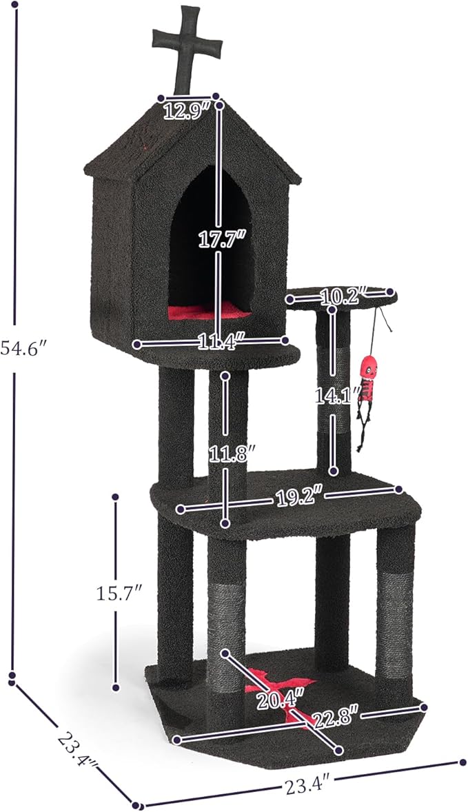 Gothic Halloween Cat Tree Tower, 3-Level Cat Furniture with Coffin Bed & Cross Top, Scratching Posts for Indoor Cats, Black Red Large Cat Tree for Multiple Cats