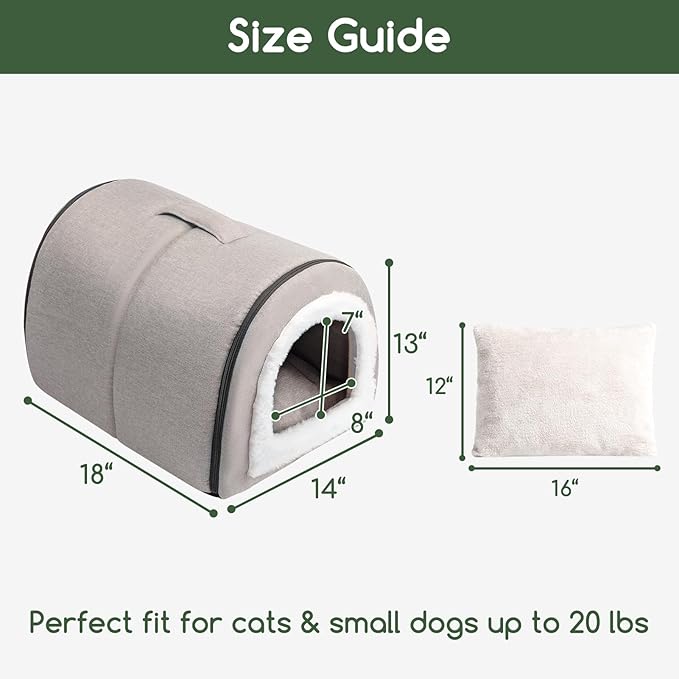 Hollypet Cat Bed Self-Warming 2 in 1 Foldable Kitty Cave Hut House Nest Pet Sleeping Bed, Linen Pet Condo for Indoor Cats, Gray Arched Cave