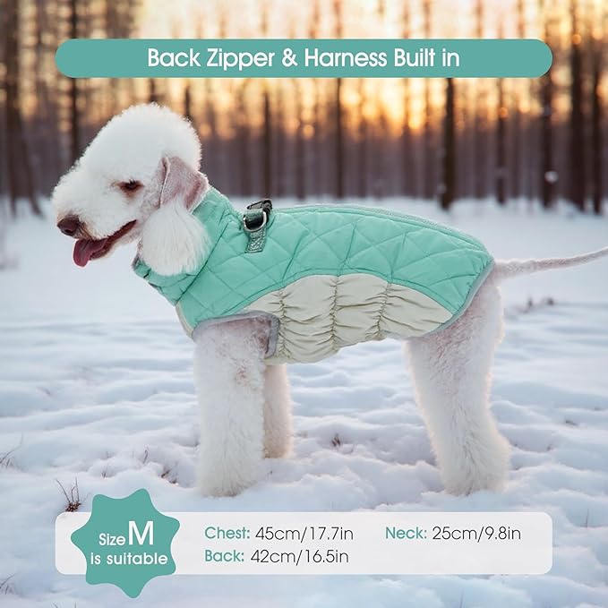 FUAMEY Dog Coat for Small Dogs,Waterproof Dog Winter Jacket with Harness Built in Puppy Cold Weather Coats Reflective Pet Vest with Zipper Warm Fleece Dogs Snowsuit Windproof Mint Green S