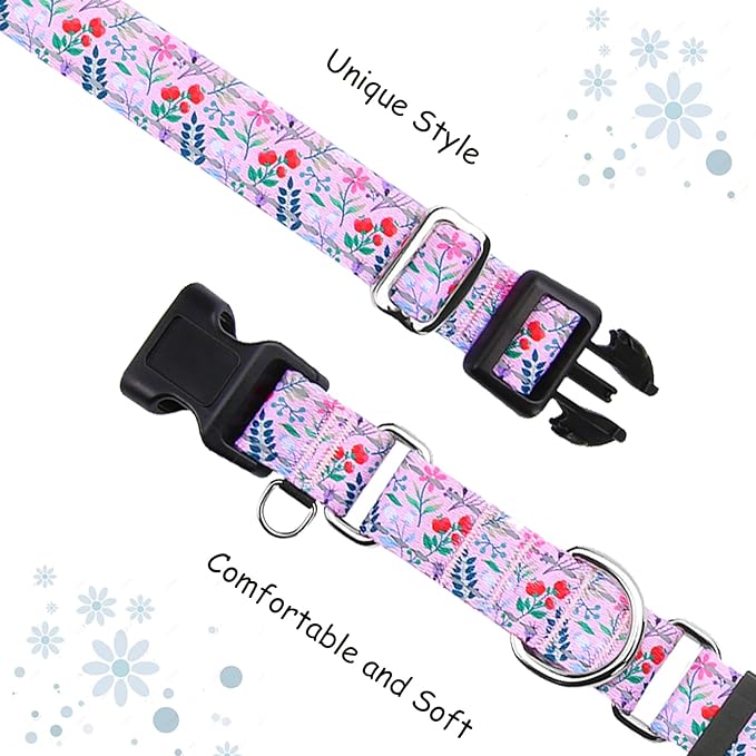 Reflective Martingale Collar with Quick Release Buckle Anti Pulling Girl Female Dog Collars (Pink Flowers Plants, Medium)