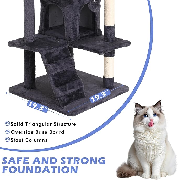 Heavy Duty Cat Tree,54 Inch Tall Cat Tower,2 Cozy Condos,Scratching Posts,Ladders & Sisal Pole,Multi-Level Perches Platforms for Indoor Cats,Sturdy Pet Climbing Furniture,Light Gray