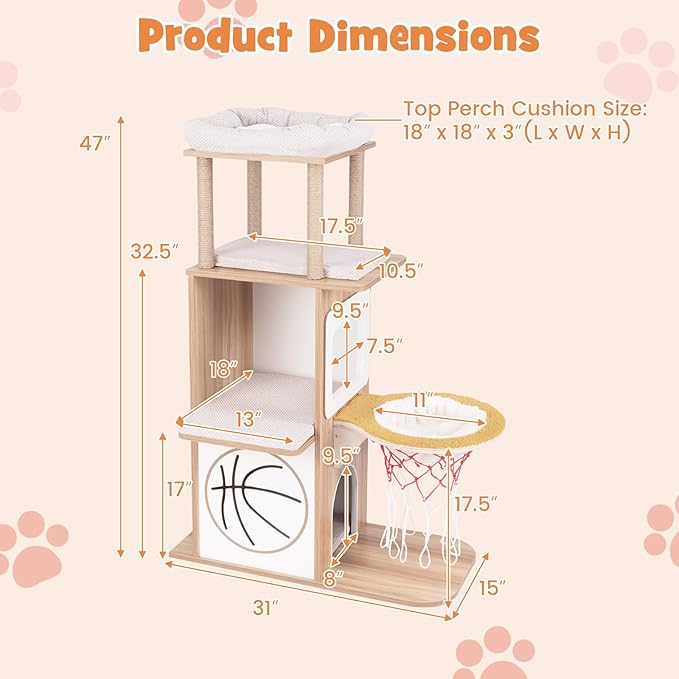 PETSITE 47 inch Basketball Series Cat Tree, Multi-Level Cat Tower with Jute Scratching Posts, 2-Story Cat Condo, 2 Perches, Basketball Hoop Hammock, Padded Cushions, Modern Cat Tree Tower