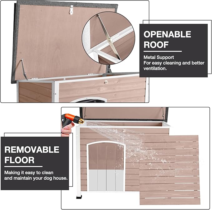43.3’’ Large Dog House Outdoor Weatherproof Dog Kennel with Upgraded Thickened Metal Frame, Dog Shelter with PVC Curtain, Openable Roof and Removable Floor, Easy to Clean (Light Brown)