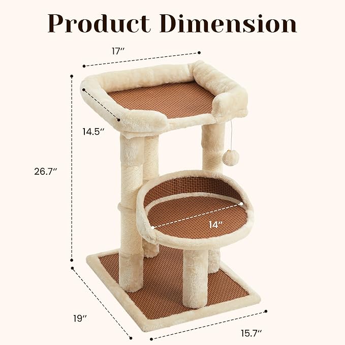 Multi-Level Cat Tree for Indoor Cats, Modern Cat Tower with Double Beds & Scratching Posts, 27in Cat Tree for Large Cats and Kitten, Small Cat Climbing Tower with Hanging Toys, Cream White