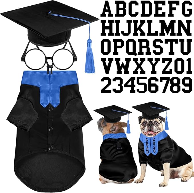 5 Pcs Dog Graduation Costume Set Include 2026 Pet Graduation Gown with Stole Puppy Grad Cap Lensless Glasses DIY Letter Stickers for Dogs Cats Holiday Costume Accessory(Black Royal Blue,M)