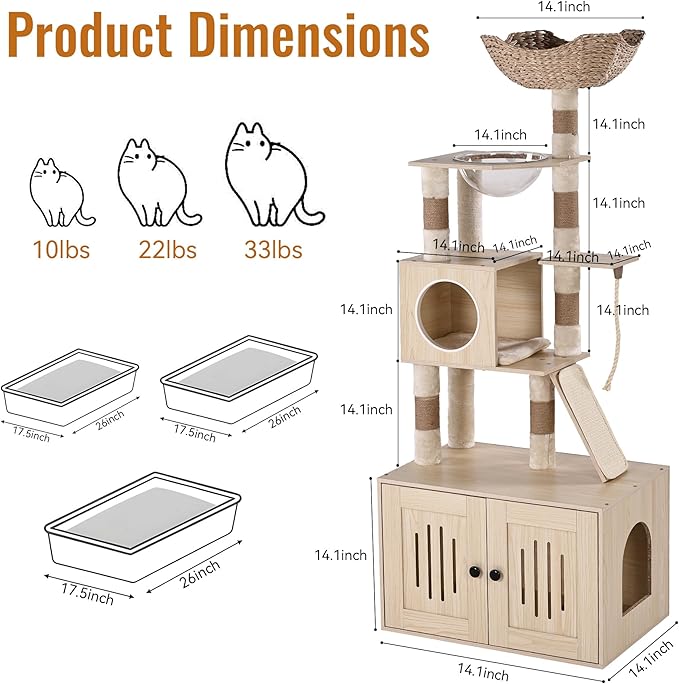 Tall Cat Tree with Litter Box Enclosure, 66.9” Multi-Level Cat Condo Tower, Sturdy Cat House with Perches, Hammock & Scratching Posts for Indoor Cats, Large Modern Cat Furniture