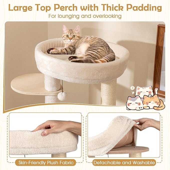 PETSITE 56 Inches Wooden Cat Tree, Multi-Level Modern Cat Tower with Sisal Scratching Posts, Comfy Condo with Sisal Covered Exterior, Climbing Ladder, Dangling Ball, and Soft Top Perch