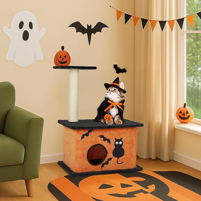 Outvita Halloween Cat Tree, 33" Cat Tower with Spacious Cat Condo, Gothic Scratching Posts, Large Platform, Cat Activities Furniture, Orange & Black