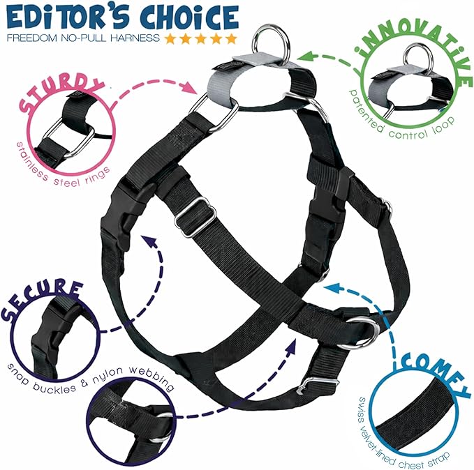 2 Hounds Design Freedom No Pull Dog Harness, Adjustable Harness, Easy Walking & Comfortable Control, Fits Small, Medium & Large Dogs, Solid Colors, Made in USA, 5/8" SM, Black