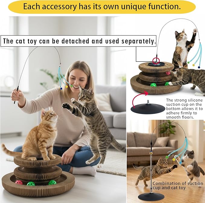 Magic Organ Cat Scratcher Toy, Kitty Curls Cat Scratcher Accordion Foldable Kurlz-Style Cat Toy with Strong Suction Cup & Metal Teaser Wand - DIY Interactive Shapes for Indoor Cats