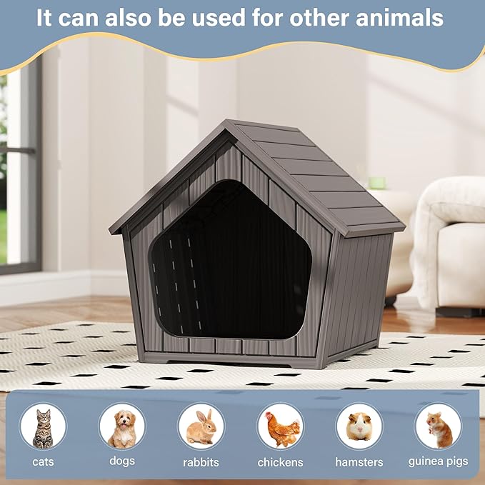 Bifanuo Dog House Outdoor Indoor for Small Dogs - Plastic Pet Shelter, Easy-Assemble & Weather-Resistant for Living Room, Balcony (Grey, 18" L x 22.4" W x 22.2" H)