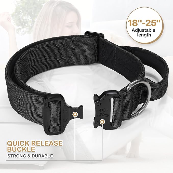 MoNiBloom Tactical Dog Collar with Handle, 1.5 Inch Wide Heavy Duty Military Collar for Medium Large Dog Walking, Training, Running, Black