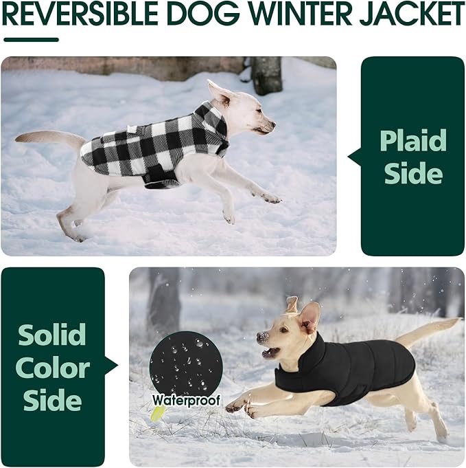 Kuoser Dog Winter Coat, Windproof Dog Fleece Jacket British Style Plaid Cold Weather Doggie Vest Coats, Reversible Cozy Warm Puppy Clothes Pet Apparel for Small Dogs XS