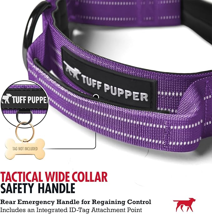 Tuff Pupper Tactical Dog Collar with Handle | Heavy Duty Adjustable Dog Collar | Military Nylon Collar for Medium Dogs | Quick-Release Buckle | Soft Padded Comfort | Training Control (Purple, Medium)