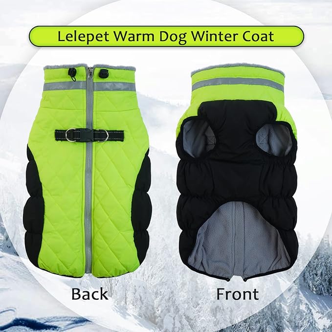 Lelepet Dog Coat Warm Dog Winter Coat Waterproof Dogs Jacket with Harness Built in Reflective Pet Fleece Vest Zip-Up Cold Weather Coats for Large Dogs Turtleneck & Windproof Coats Boston Terrier Lime