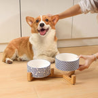 Selamica Ceramic 30 OZ Dog Bowls, Dog Food and Water Bowls with Wooden Stand, Anti-Slip Dogs Dishes Set for Cats Small & Medium Sized Dogs, Weighted Pet Bowls Set of 2, Vintage Blue B