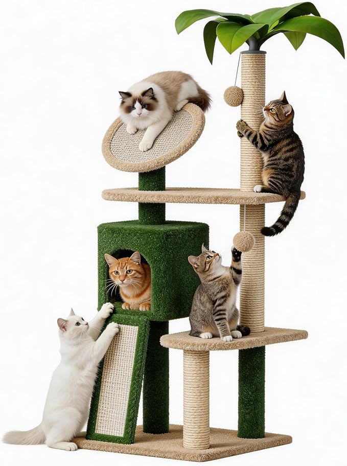 Erinnyees 57" Multi-Level Cat Tower with Hammock, Coconut Cat Tree with Green Leaves, Plush Cat House with Hang Ball Toy and Sisal Scratching Posts Furniture, Green