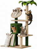 Erinnyees 57" Multi-Level Cat Tower with Hammock, Coconut Cat Tree with Green Leaves, Plush Cat House with Hang Ball Toy and Sisal Scratching Posts Furniture, Green