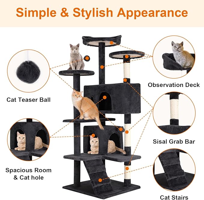 Cat Tree 69.3 inches Cat Tower for Indoor Cats Cat House with Replaceable and Removable Dangling Ball Cat Trees and Towers with Funny Toys, Dark Gray