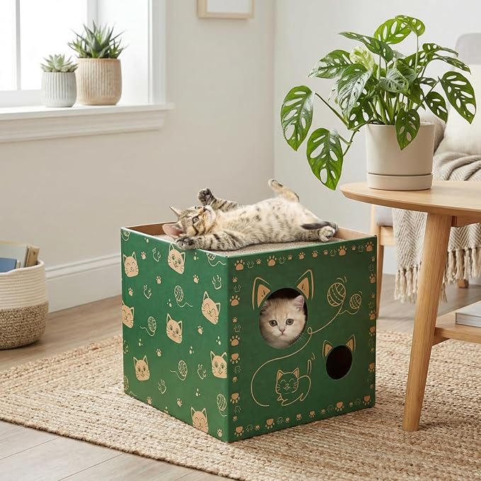2 Pack Cardboard Cat Houses, Cat Play House with 2 PCS Scratching Pad, Corrugated Kitten Hideaway Cave, Cute Cats Condos Box, Cat Scratching Toy, Scratcher Bed for Indoor Cats, Kittens, Bunny
