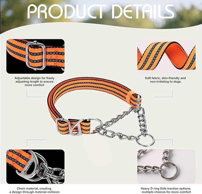 No-Pull Martingale Dog Collar for Medium Large Extra Large and XXL Dogs- Reflective Padded Strap & Durable Chain, Anti-Escape Design for Safe Walks & Training(Orange M)