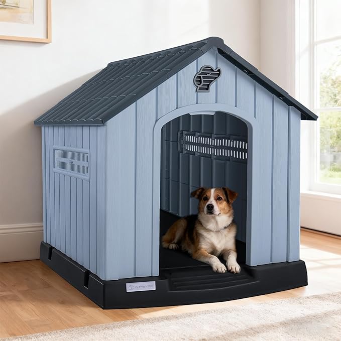 LEMBERI Durable Waterproof Plastic Dog House for Small to Large Sized Dogs, Indoor Outdoor Doghouse with Air Vents and Elevated Floor, Easy to Assemble (Gray, 40" L x 37.2" W x 40" H)
