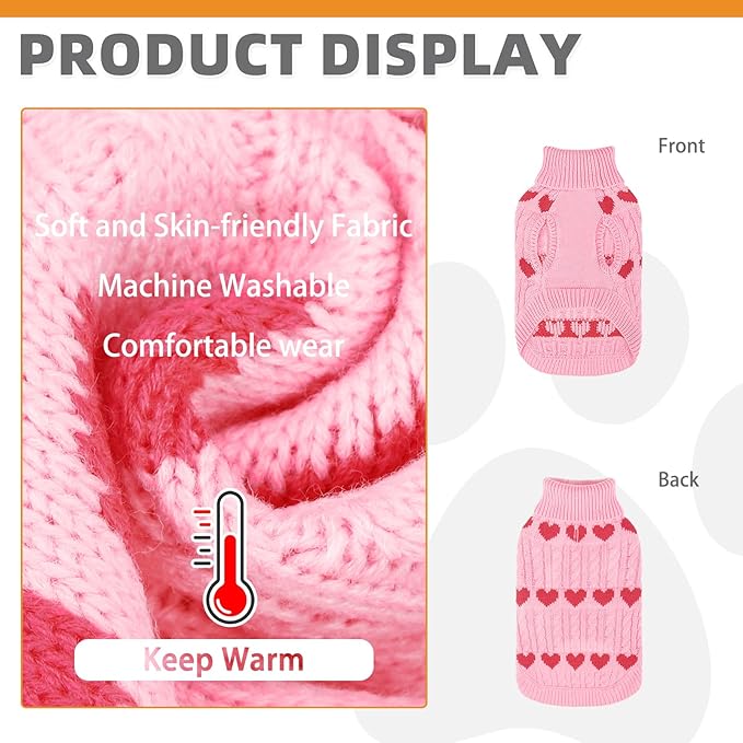KOOLTAIL Valentine's Day Dog Sweater Turtleneck, Cold Weather Pullover Classic Knitwear, Heart Pattern Thick Warm Winter Pet Clothes, Cable Knit Sweater for Small Medium Large Dogs Girl Boy, Pink S