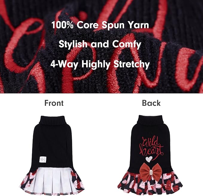 CuteBone Core Spun Dog Sweater Dress for Small Dogs Girl, Wild Heart Embroidery Turtleneck Medium Dog Sweater with Leash Hole, Dog Coat for Chihuahua Yorkie Teacup DS103XS
