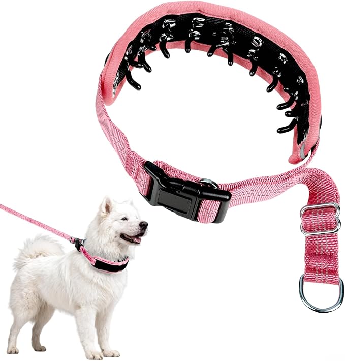Lightweight Prong Collar for Dogs, Reflective No Pull Dog Collar | Adjustable Size Dog Pinch, Breathable Woven Fabric Air Grid Technology, Martingale Collar for Dogs Training（Pink-M）
