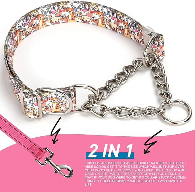 Chain Martingale Choke Collar for Dogs - No-Pull Adjustable Training Collar, Secure Control Slip Collar for Large & XL Dogs(L)