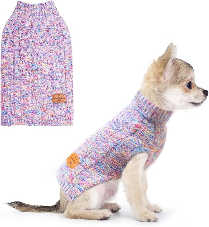 BEAUTYZOO Small Dog Sweater -Turtleneck Pullover Classic Cable Knit Fuzzy Winter Coat Dog Cold Weather Clothes for Small Medium Dogs Puppy Girl Boys(Rainbow Pink, XXS)