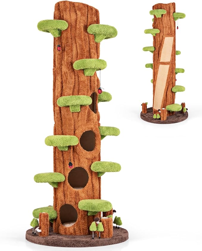 PETSITE 90.5 Inch Tall Cat Tree, Tree-Like Modern Cat Tower with Sisal Scratching Pad, Five Cat Condos, Cute Hanging and Spring Toys, Large Cat Tree Tower for Indoor Cats (Brown)