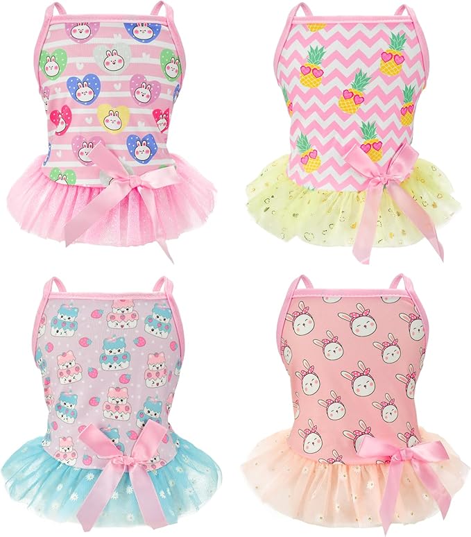 4 Pack Dog Slip Dresses Adorable Hand-Painted Pattern Puppy Dresses Summer Holiday Pet Clothes for Small Dogs (S)