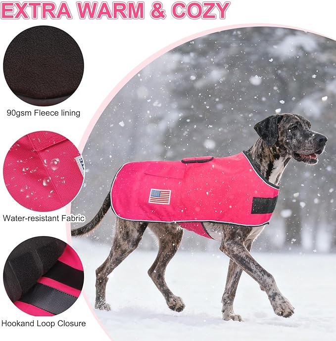 BEAUTYZOO Dog Winter Coat for Large Dogs Waterproof, Warm Reflective Great Dane Oxford Canvas Jacket, Fleece Dog Cold Weather Coats Windproof for Female Male Dogs, Rose Pink L