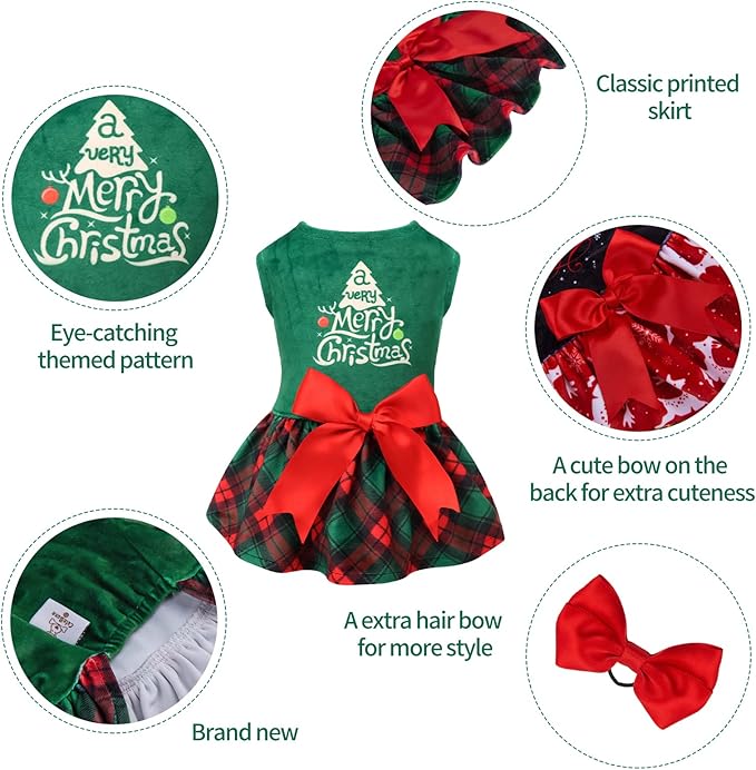 CuteBone Christmas Tree Dog Dress Velvet for Small Dogs Girl Puppy Dresses Green Plaid Dog Clothes CVA05L-D