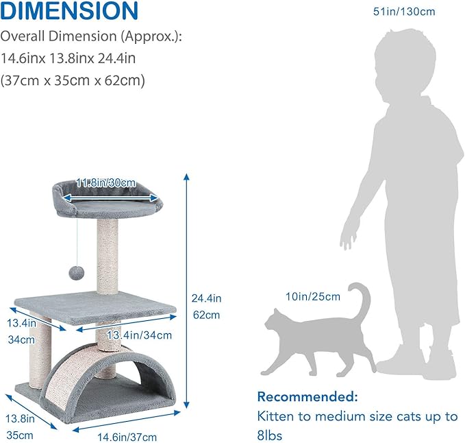 ScratchMe Tree Condo with Scratching Post, Cat Tower Pet Play House with Toy,24.4 inch(62cm), Grey