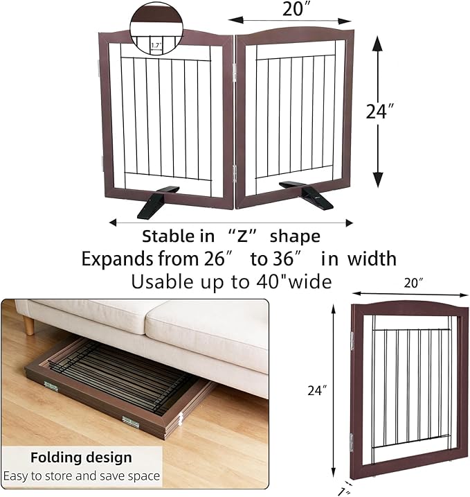 Dog Fence Indoor,Dog Gate Indoor for Doorway pet gate -2-Panel Freestanding, Hallways, House or Stairs -40x24-Inch Retractable Foldable Expandable Wood Pet by SFJC (Brown) ﻿