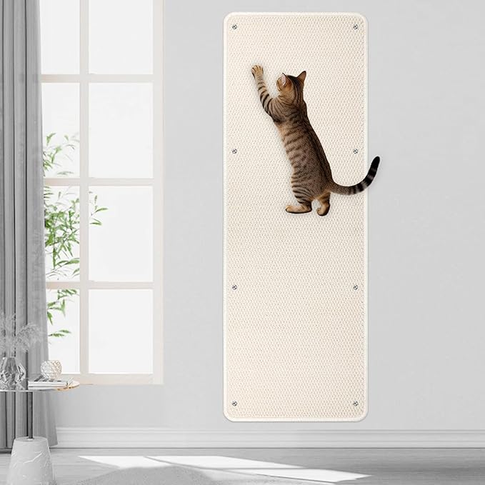 FHTONGE 39.4x15.8 Thickened Cat Wall Climbing Carpet with 16 Fixed Nails, Extra Large Tall Cat Scratch Pad for Wall, Wall Mounted Climbing Cat Scratcher for Furniture Couch Sofa Protector(MilkyWhite)