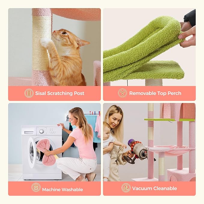 PETEPELA 69" Tall Cat Tree for Indoor Large Cats, Cat Tower for Adult Cats with Big Hammock, Cat Climbing Tree Tower with Scratching Posts, Condo House and Large Top Perch, Pink Green