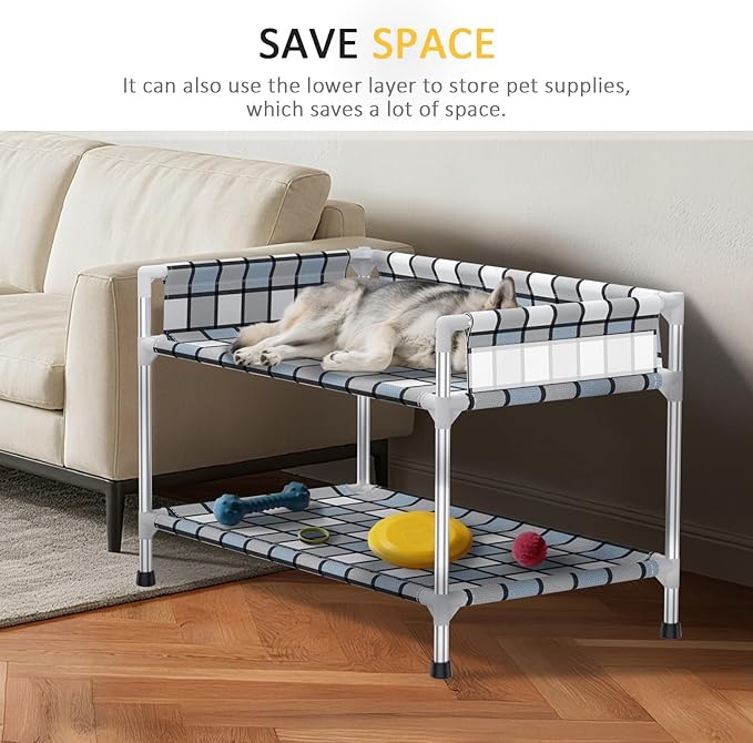 Bedside Window Dog Bunk Bed - Double Elevated Human Dog Bed with Guardrail 2 Layers Window Perch Dogs Cot 2-Tier Bedside Sleeper for Multi-Pet Households (34'' x 20'' x 25'')