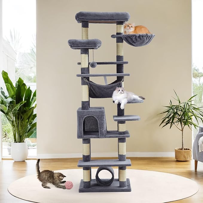 GarveeHome 67 in Cat Tree for Large Cats, Features Scratching Post, Cat Condo, Platforms, Tunnel, Hammock, Food Station & Bowls – Ideal for Indoor Cats, Dark Gray
