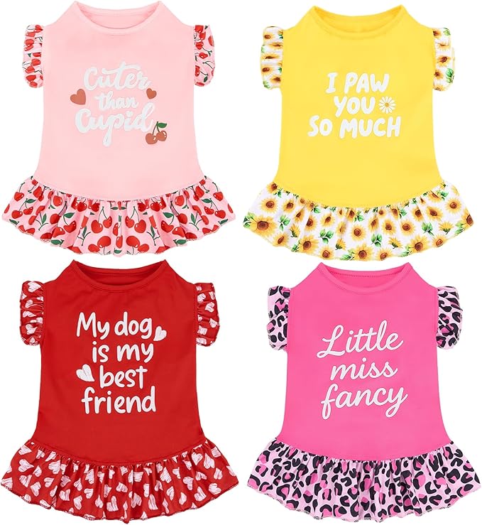 XPUDAC 4 Pack Cute Dog Dress for Small Dog, Floral Pet Clothes Sweet Girl Puppy Dress Colorful for Birthday Holiday Spring Summer Pet Outfits Skirt for Girls, XS