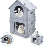 2-Storey Detachable Cat House for Indoor Cats Bed, Covered Beds & Furniture with Washable Cushioned, Cute Modern Condo for Multi Small Pet Large Kitten Kitty, Grey