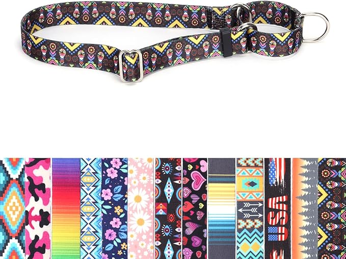 No Pull Dog Collar, No-Slip Escape Proof Choke Cinch Soft Nylon Dog Training Martingale Collars Adjustable for Small Medium Large Breed Pet Dogs, Black Ethnic L