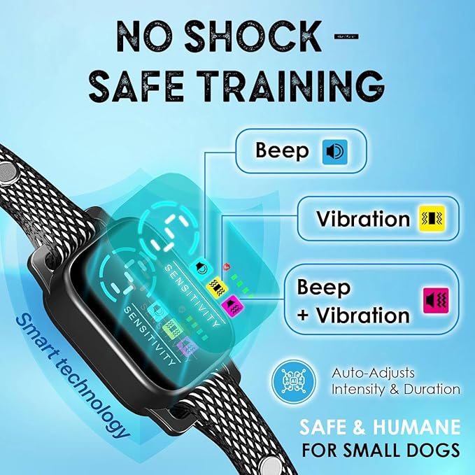 Bark Collar for Small Dogs 8-40 lbs – No Shock Anti Barking Collar with AI Chip – 3 Modes & 5 Sensitivity Levels – Waterproof, Rechargeable, Magnetic Charging – Humane, Effective Training (Black)